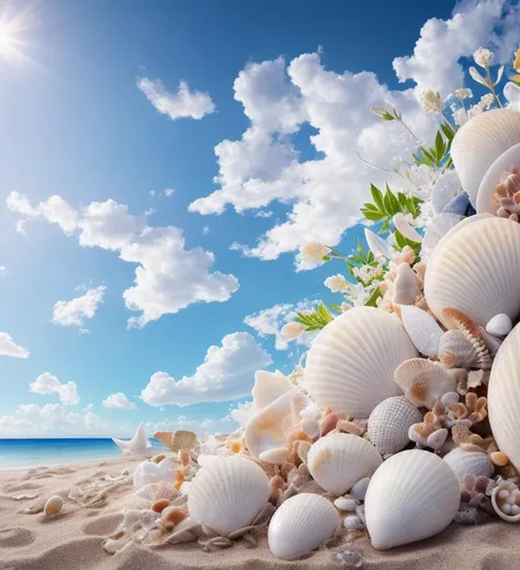 delicate scene, sky,white clouds,and sunlight shine, white beach. flowers roses and shiny large shells, diamond crystal, on the beach, fantasy, sky night , moon, smoke , photo, HD, 8K , realistic, HD, intricate, 8k, highly detailed,fun, sharp focus,