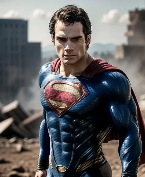 Photo of Henry cavill is superman , superhero, upper body,cinematic, movie, grain movie (2023s)1boy, building destroyed , realistic , (8k, RAW photo, best quality, masterpiece:1.2), (realistic, photo-realistic:1.33), best quality, detailed eyes blue, cute,natural lighting, depth of field, film grain, wrinkled skin, sharp, <lyco:locon_henry_v1_from_v1_64_32:1.0>