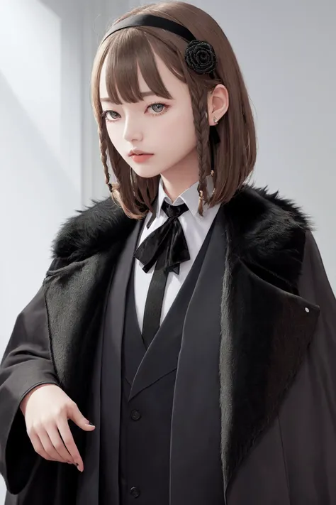 masterpiece, best quality, highres, 1girl short hair hairband hair flower braid, black jacket black fur trim black coat suit long sleeves shirt collared shirt neck ribbon black pants suit <lora:oscar:1> photorealistic