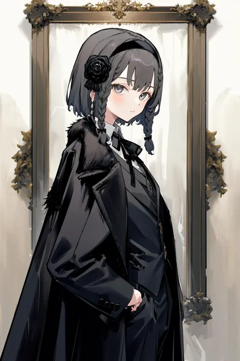 masterpiece, best quality, highres, 1girl short hair hairband hair flower braid, black jacket black fur trim black coat suit long sleeves shirt collared shirt neck ribbon black pants suit <lora:oscar:1> from side, looking at viewer