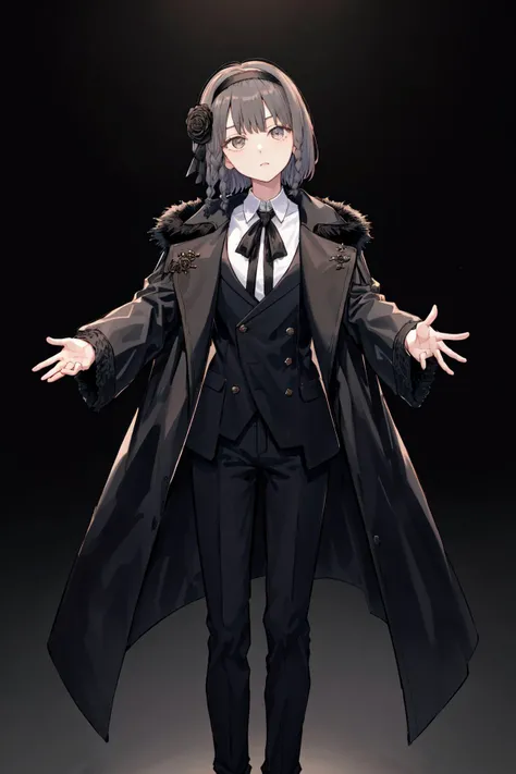 masterpiece, best quality, highres, 1girl short hair hairband hair flower braid, black jacket black fur trim black coat suit long sleeves shirt collared shirt neck ribbon black pants suit <lora:oscar:1> head tilt, outstretched arm