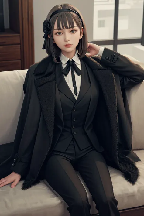 masterpiece, best quality, highres, 1girl short hair hairband hair flower braid, black jacket black fur trim black coat suit long sleeves shirt collared shirt neck ribbon black pants suit <lora:oscar:1> sitting, photorealistic