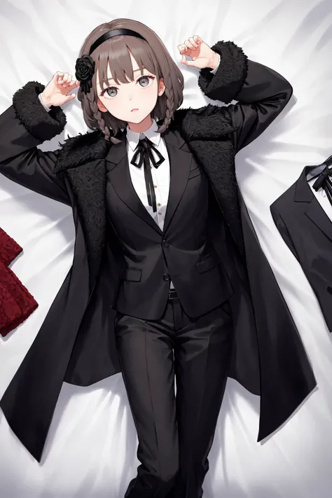 masterpiece, best quality, highres, 1girl short hair hairband hair flower braid, black jacket black fur trim black coat suit long sleeves shirt collared shirt neck ribbon black pants suit <lora:oscar:1> lying on back, bed sheet, arms up