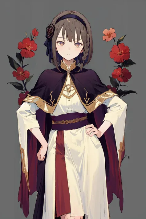 masterpiece, best quality, highres, 1girl short hair hairband hair flower braid <lora:oscar_no_outfit:1> capelet, robe, simple background, hand on hip