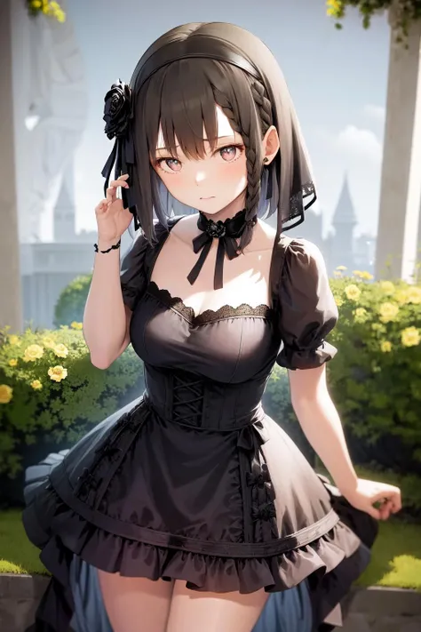 masterpiece, best quality, tachibana arisu, solo, (petite), brown eyes,brown hair,half updo,hair bow,
 sad smile, standing, gothic lolita, (open clothes), (clothes lift), small breasts, nipples, pussy, garden,