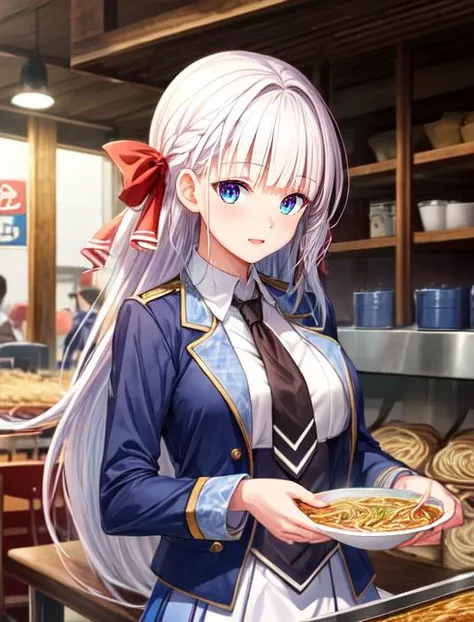 best quality, masterpiece, highres, detailed, digital artwork, <lora:Detail - add_detail:0.2>, RiseliaRC, red hair ribbon, white hair, blunt bangs, blue eyes, student uniform, open jacket, blue skirt, upper body, necktie, <lora:Character - RiseliaRC:0.8>,joyful, ramen shop
