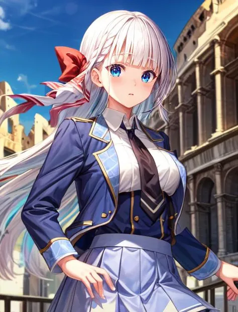 best quality, masterpiece, highres, detailed, digital artwork, <lora:Detail - add_detail:0.2>, RiseliaRC, red hair ribbon, white hair, blunt bangs, blue eyes, student uniform, open jacket, blue skirt, upper body, necktie, <lora:Character - RiseliaRC:0.8>,confused, colosseum