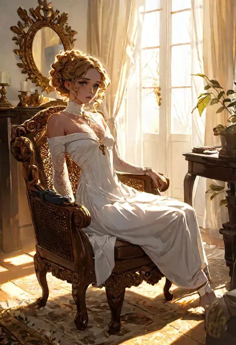 intricately detailed artistic illustration of a pretty nude ginger irish girl, small breasts, victorian updo, curly locks, seated in a (peacock rattan armchair:1.2), in front of a bay window with diaphanous white curtains, in a 19th century rich colonial indian house, golden hour, exquisite backlighting