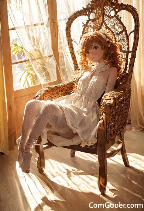 19th century, rich colonial indian house, artistic photo of a pretty nude ginger irish girl, small breasts, victorian updo, curly locks, seated in a peacock rattan armchair, in front of a bay window with diaphanous white curtains, intricately detailed, (golden hour, backlighting, soft shadows:1.4), depth of field, photorealistic, analog film grain