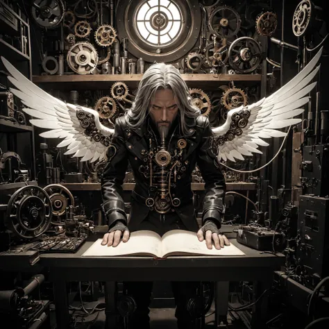 biomechanical cyberpunk, Dark Fantasy, Doodle Art Style, Fairy tale, hyperrealistic, raw photo, 4k, best_quality, 35mm photograph, A metal_room full of mechanical parts, and gadgets. dim lighting, grunge, low_tech, mechanical_wings, an old_male_inventor with messy_grey_hair and an unkept beard wearing a monocule bent_over working on parts. bright_light overhead, Magical, fantastical, enchanting, drawing, freeform, swirling patterns, doodle art style, storybook style, highly detailed, dark, moody, dark fantasy style, <lora:add-detail-xl:2> all,, cybernetics, human-machine fusion, dystopian, organic meets artificial, dark, intricate, highly detailed