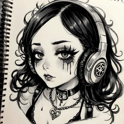 pencil drawing of Goth girl up close with a blank stare and small cleavage, wearing a chocker, necklace, runny makeup, headphones, notebook, grainy image, grim, death metal,