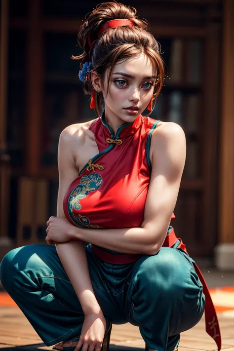 (ultra realistic,32k, masterpiece:1.2),(high detailed skin:1.1),( high quality:1.1),
<lora:Xiangfei:0.5>(blush:1.1),xiangfeims,brown hair, black eyes,  chinese clothes, sash,bare shoulders, pants, sleeveless,elemental haven, elemental forces, balance of elements, sacred sanctuary blurry background,(looking at viewer, sitting, crossed legs, from above:1.1),, (huge breast,large breast:1.1),<lora:add_detail:0.87>,
(iridescence:1.1),