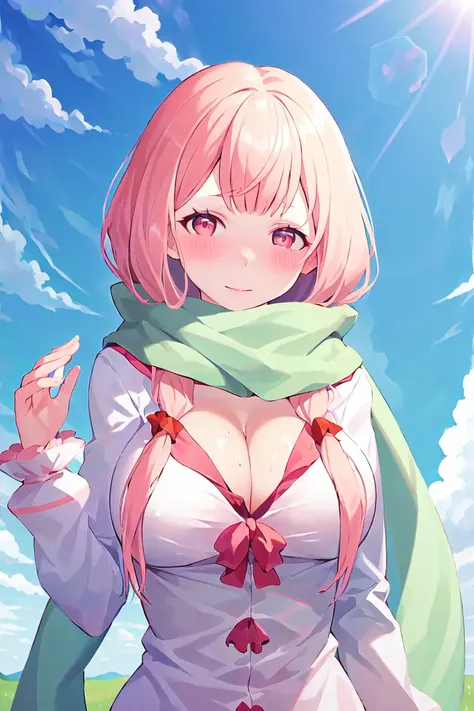 <lora:CarmillaV1-000015:1>,  Carmilla, 1girl, solo,  green_scarf, scarf, cleavage, long_hair, blush, simple_background, pink_eyes, pink_hair, watery_eyes, field, blue sky, clouds, large_breasts