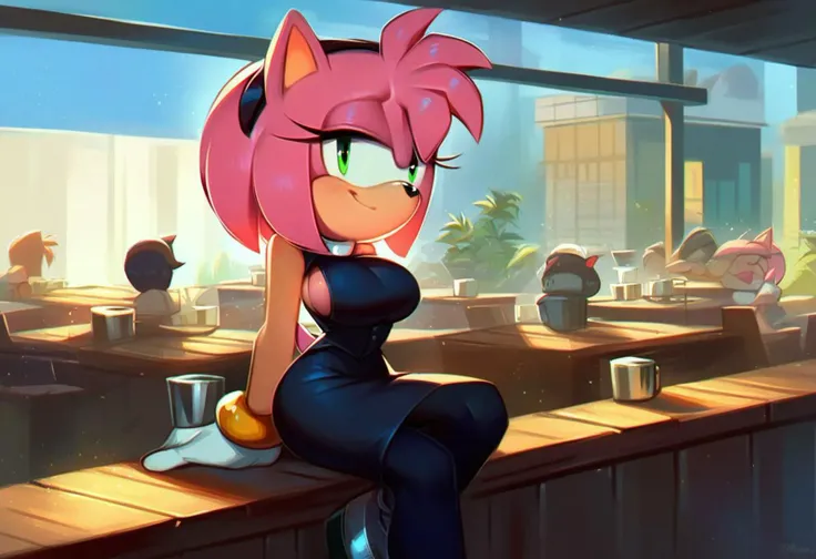 score_9, score_8_up, score_7_up, ((solo focus)), ((1girl)), looking at viewer, eyes half closed, smile, amy_rose, white collar shirt, black vest, black pencil skirt, black leggings, black slip on shoes, white gloves, jewelry, open shirt, boob window, large breasts, left arm behind back, right hand holding silver platter, breasts resting on silver platter, ((cafe backdrop))