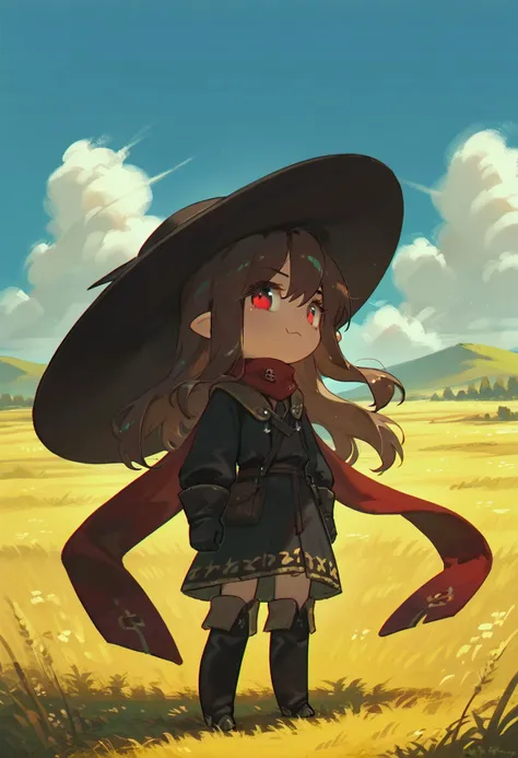 score_9, score_8_up, score_7_up, score_6_up,
outdoors, sunny day, grassy field, distant mountains,
profile view, looking forward,
1girl, solo,
long hair, brown hair, pointy hat, black hat,
red eyes,
wizard robe, black robe,
scarf, red scarf,
gloves, black gloves,
skirt, black skirt,
thighhighs, black thighhighs,
boots, brown boots,
standing, confident expression,
<lora:porforever_style_pony6_v2:1> porforeverstyl, chibi,