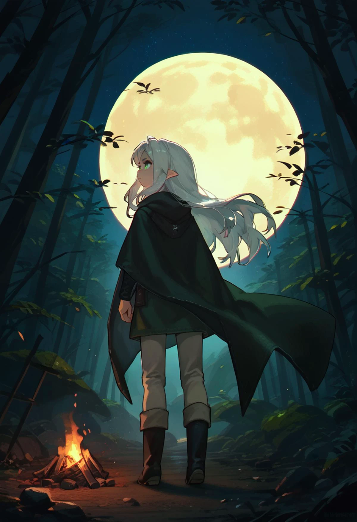 score_9, score_8_up, score_7_up, score_6_up,
outdoors, nighttime, full moon, starry sky, dense forest, campfire, detailed background,
from behind, looking up,
1girl, solo,
long hair, silver hair, flowing hair,
pointy ears, green eyes,
determined expression,
hooded cloak, black cloak,
tunic, dark green tunic,
belt, leather belt,
pants, brown pants,
boots, black boots,
standing,
<lora:porforever_style_pony6_v2:1> ,
<lora:Pony_DetailV2.0:1>