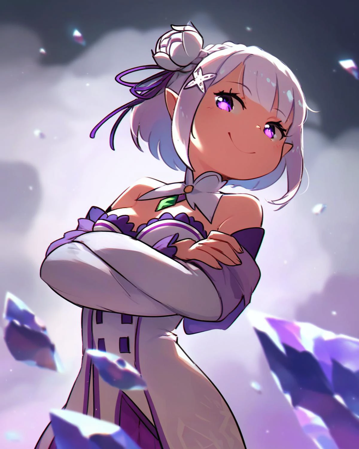 Aesthetics, shaded face, (porforeverstyl:1.2)
1girl, solo, (emilia \(re:zero\):1.1), purple eyes, smile, happy,light blue eyes, short hair, black background, x hair ornament, looking at viewer from below, Ice shards on the background, empty eyes, elf ears, frozen fog, Open shoulders, medium breasts, blunt bangs, narrowed eyes, crossed arms,
<lora:porforever_style_pony6_v2:0.7>, Score_9, Score_8_up, Score_7_up,
