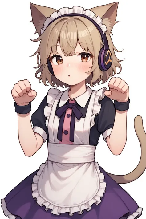 score_9, score_8_up, score_8, score_9, 1 girl,  source_anime, <lora:miko_pony_v2-10:1> toyosatomimi no miko, light brown hair, pointy hair, animal ears, cat ears, paw pose, cat tail, blush, maid, maid apron,  earmuffs, brown eyes, purple skirt, cat tail, white dress,  <lora:PossumMachine:0.8> posmach <lora:porforeverStylePonyV6_v10:0.8>