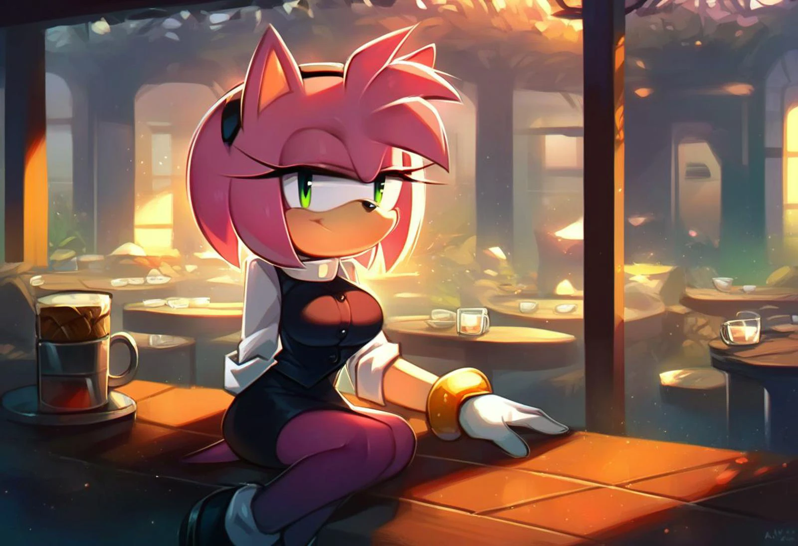 score_9, score_8_up, score_7_up, ((solo focus)), ((1girl)), looking at viewer, eyes half closed, smile, amy_rose, white collar shirt, black vest, black pencil skirt, black leggings, black slip on shoes, white gloves, jewelry, open shirt, boob window, large breasts, left arm behind back, right hand holding silver platter, breasts resting on silver platter, ((cafe backdrop))