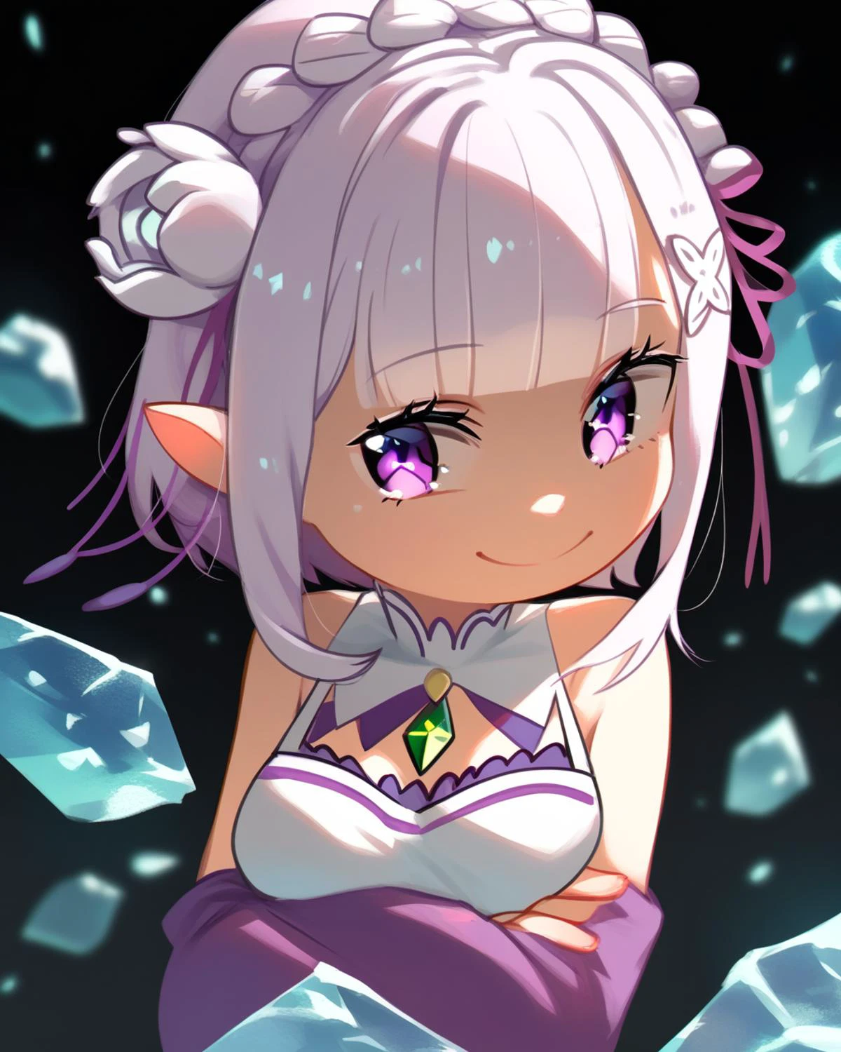Aesthetics, shaded face, porforeverstyl, chibi
1girl, solo, (emilia \(re:zero\):1.1), purple eyes, smile, happy,light blue eyes, short hair, black background, x hair ornament, looking at viewer, Ice shards on the background, empty eyes, elf ears, frozen fog, Open shoulders, medium breasts, blunt bangs, narrowed eyes, crossed arms,
<lora:naipony_v3:0.8> <lora:porforever_style_pony6_v2:0.7>, Score_9, Score_8_up, Score_7_up,