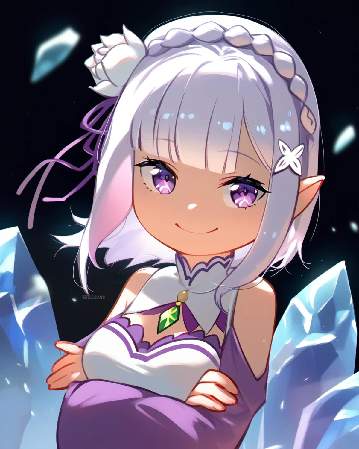 Aesthetics, shaded face, porforeverstyl, chibi
1girl, solo, (emilia \(re:zero\):1.1), purple eyes, smile, happy,light blue eyes, short hair, black background, x hair ornament, looking at viewer, Ice shards on the background, empty eyes, elf ears, frozen fog, Open shoulders, medium breasts, blunt bangs, narrowed eyes, crossed arms,
<lora:naipony_v3:0.8> <lora:porforever_style_pony6_v2:0.7>, Score_9, Score_8_up, Score_7_up,