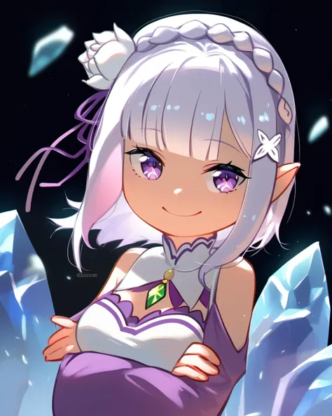 Aesthetics, shaded face, porforeverstyl, chibi
1girl, solo, (emilia \(re:zero\):1.1), purple eyes, smile, happy,light blue eyes, short hair, black background, x hair ornament, looking at viewer, Ice shards on the background, empty eyes, elf ears, frozen fog, Open shoulders, medium breasts, blunt bangs, narrowed eyes, crossed arms, 
<lora:naipony_v3:0.8>  <lora:porforever_style_pony6_v2:0.7>, Score_9, Score_8_up, Score_7_up,