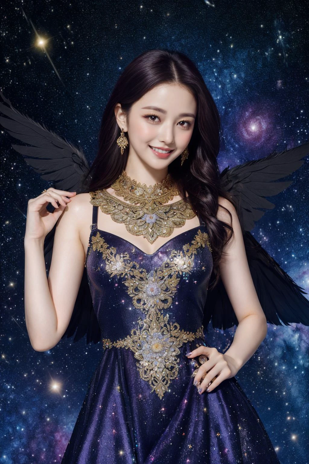(best quality, masterpiece),1girl,smile,galaxy,glitter,dress,particle,wind,flower,cowboy shot,linekanok pattern:1.3,dark galaxy background,looking at viewer,multicolor hair, one wings,<lora:linevichit3:0.8>, <lora:Yurina_FaceV01:0.7>