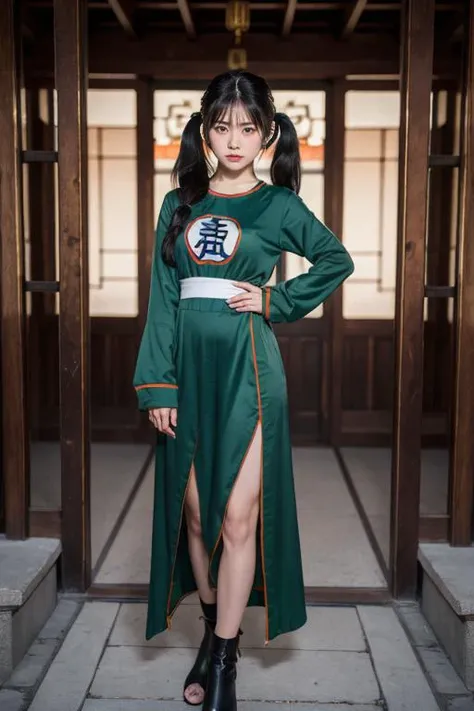 (masterpiece, best quality:1.1), fighter (dq3), 1girl, solo, long hair, twintails, looking at viewer, black hair, hair ornament, long sleeves, dress, medium breasts, closed mouth, full body, black eyes, arm up, chinese clothes, hair bobbles, clenched hand, fighting stance, yin yang simple background, chinese temple background, <lora:DQ3FIGHTER:0.8>, (8k,hdr, best quality, masterpiece,highres quality,1girls japanese sweet girls ,intricate detailed,iris eyes, )