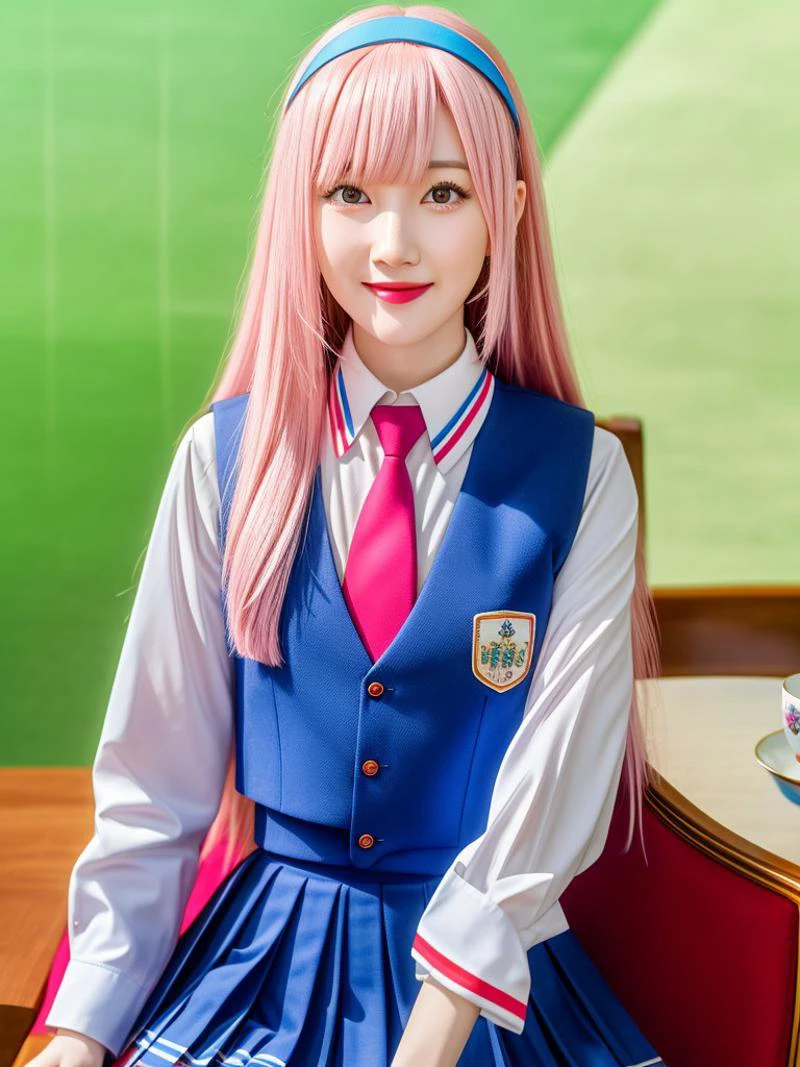 hyper realistic, (masterpiece:1.3), (absurdres:1.3), (best quality:1.3), (8K), ((perfect face)), detailed hands, detailed eyes, (vivid colors), (intricate details:1.3), vibrant colors, (ultra-detailed:1.3), ((dinamic lighting)), ((full body view))
(1girl), young woman, (()),
Luna_Elegant, perfect anatomy, solo, long_hair, bangs, skirt, shirt, long_sleeves, very_long_hair, closed_mouth, school_uniform, white_shirt, full_pink_hair, cowboy_shot, pleated_skirt, hairband, necktie, (blue_vest), red_skirt, red_necktie, looking_at_viewer,
dynamic posing, sitting on chair, holding cup of tea, light smile, indoors, table, cup of tea, saucer, POV across table, <lora:1171b0c5-464d-4878-a1dc-40567c66590c:0.7>, <lora:more_details:0.7>
