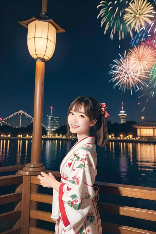 1girl,wearing christmas tree kimono, japanese clothes, chirstmas kimono, christmas tree print,looking viewer,close up,from_front:1.2,festival,yukata,traditional attire,hair ribbon,sandals,outdoors,cityscape,smiling,night,colourful firework background,lantern,colourful fireworks in sky:1.6,summer,japanese culture,[cinematic lighting:0.8],realistic:1.3,scenery,japanese festival,city view,happy,joy,festive mood. (masterpiece),(best quality:1.2),absurdres,