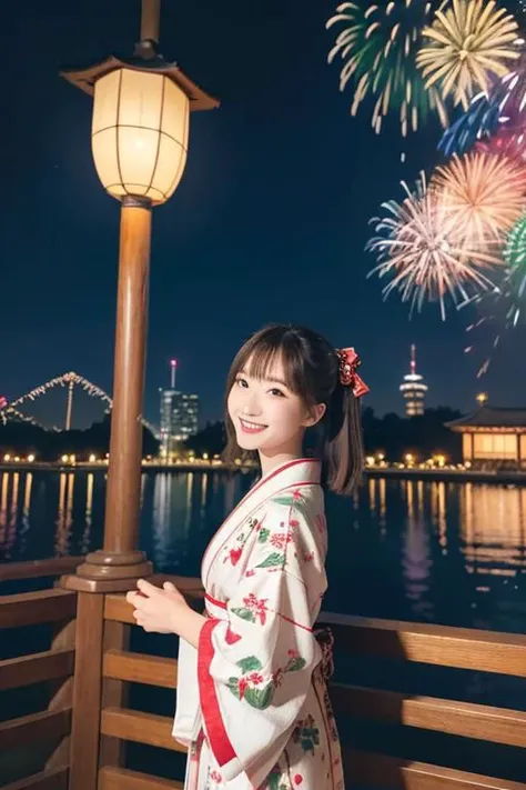 1girl,wearing christmas tree kimono, japanese clothes, chirstmas kimono, christmas tree print,looking viewer,close up,from_front:1.2,festival,yukata,traditional attire,hair ribbon,sandals,outdoors,cityscape,smiling,night,colourful firework background,lantern,colourful fireworks in sky:1.6,summer,japanese culture,[cinematic lighting:0.8],realistic:1.3,scenery,japanese festival,city view,happy,joy,festive mood. (masterpiece),(best quality:1.2),absurdres,