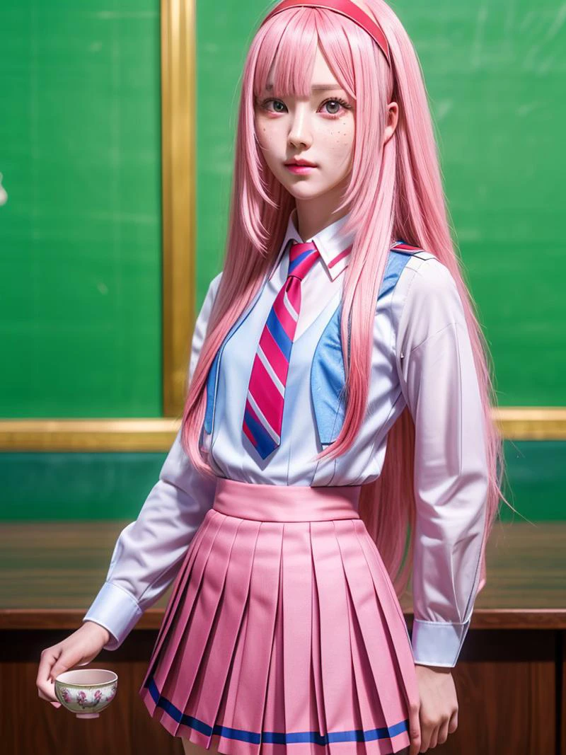 hyper realistic, (masterpiece:1.3), (absurdres:1.3), (best quality:1.3), (8K), ((perfect face)), detailed hands, detailed eyes, (vivid colors), (intricate details:1.3), vibrant colors, (ultra-detailed:1.3), ((dinamic lighting)), ((full body view))
(1girl), young woman, (()),
Luna_Elegant, perfect anatomy, solo, long_hair, bangs, skirt, shirt, long_sleeves, very_long_hair, closed_mouth, school_uniform, white_shirt, full_pink_hair, cowboy_shot, pleated_skirt, hairband, necktie, (blue_vest), red_skirt, red_necktie, looking_at_viewer,
indoors, table, cup of tea, saucer, POV across table, <lora:1171b0c5-464d-4878-a1dc-40567c66590c:0.7>, <lora:more_details:0.7>, <lora:aaa9d564-5a64-4a4c-8d7b-fb4a9f5f8525:0.7>