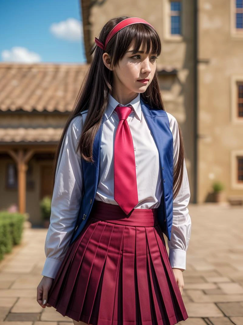 hyper realistic, (masterpiece:1.3), (absurdres:1.3), (best quality:1.3), (8K), ((perfect face)), detailed hands, detailed eyes, (vivid colors), (intricate details:1.3), vibrant colors, (ultra-detailed:1.3), ((dinamic lighting)), ((full body view))
(1girl), young woman, (()),
Luna_Elegant, perfect anatomy, solo, long_hair, bangs, skirt, shirt, long_sleeves, very_long_hair, closed_mouth, school_uniform, white_shirt, full_pink_hair, cowboy_shot, pleated_skirt, hairband, necktie, (blue_vest), red_skirt, frown, crossed_arms, red_necktie, looking_at_viewer,
outdoors, medieval town unfocused, houses unfocused, roofs unfocused, <lora:1171b0c5-464d-4878-a1dc-40567c66590c:0.7>, <lora:more_details:0.7>