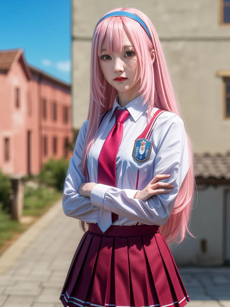 hyper realistic, (masterpiece:1.3), (absurdres:1.3), (best quality:1.3), (8K), ((perfect face)), detailed hands, detailed eyes, (vivid colors), (intricate details:1.3), vibrant colors, (ultra-detailed:1.3), ((dinamic lighting)), ((full body view))
(1girl), young woman, (()),
Luna_Elegant, perfect anatomy, solo, long_hair, bangs, skirt, shirt, long_sleeves, very_long_hair, closed_mouth, school_uniform, white_shirt, full_pink_hair, cowboy_shot, pleated_skirt, hairband, necktie, (blue_vest), red_skirt, frown, crossed_arms, red_necktie, looking_at_viewer,
outdoors, medieval town unfocused, houses unfocused, roofs unfocused, <lora:1171b0c5-464d-4878-a1dc-40567c66590c:0.7>, <lora:more_details:0.7>