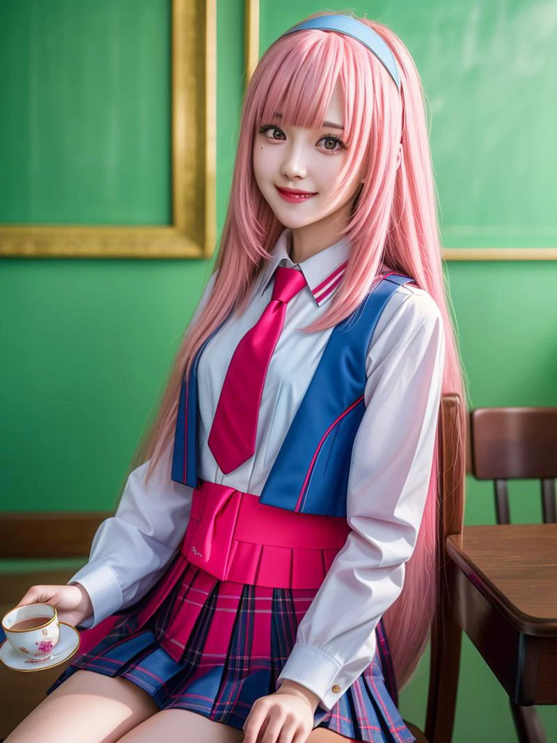 hyper realistic, (masterpiece:1.3), (absurdres:1.3), (best quality:1.3), (8K), ((perfect face)), detailed hands, detailed eyes, (vivid colors), (intricate details:1.3), vibrant colors, (ultra-detailed:1.3), ((dinamic lighting)), ((full body view))
(1girl), young woman, (()),
Luna_Elegant, perfect anatomy, solo, long_hair, bangs, skirt, shirt, long_sleeves, very_long_hair, closed_mouth, school_uniform, white_shirt, full_pink_hair, cowboy_shot, pleated_skirt, hairband, necktie, (blue_vest), red_skirt, red_necktie, looking_at_viewer,
dynamic posing, sitting on chair, holding cup of tea, light smile, indoors, table, cup of tea, saucer, POV across table, <lora:1171b0c5-464d-4878-a1dc-40567c66590c:0.7>, <lora:more_details:0.7>