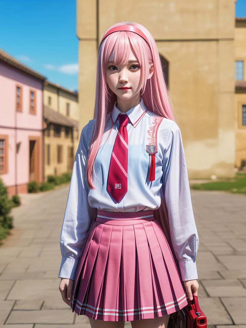 hyper realistic, (masterpiece:1.3), (absurdres:1.3), (best quality:1.3), (8K), ((perfect face)), detailed hands, detailed eyes, (vivid colors), (intricate details:1.3), vibrant colors, (ultra-detailed:1.3), ((dinamic lighting)), ((full body view))
(1girl), young woman, (()),
Luna_Elegant, perfect anatomy, solo, long_hair, bangs, skirt, shirt, long_sleeves, very_long_hair, closed_mouth, school_uniform, white_shirt, full_pink_hair, cowboy_shot, pleated_skirt, hairband, necktie, (blue_vest), red_skirt, frown, red_necktie, looking_at_viewer,
finger pointing
outdoors, medieval town unfocused, houses unfocused, roofs unfocused, <lora:1171b0c5-464d-4878-a1dc-40567c66590c:0.7>, <lora:more_details:0.7>