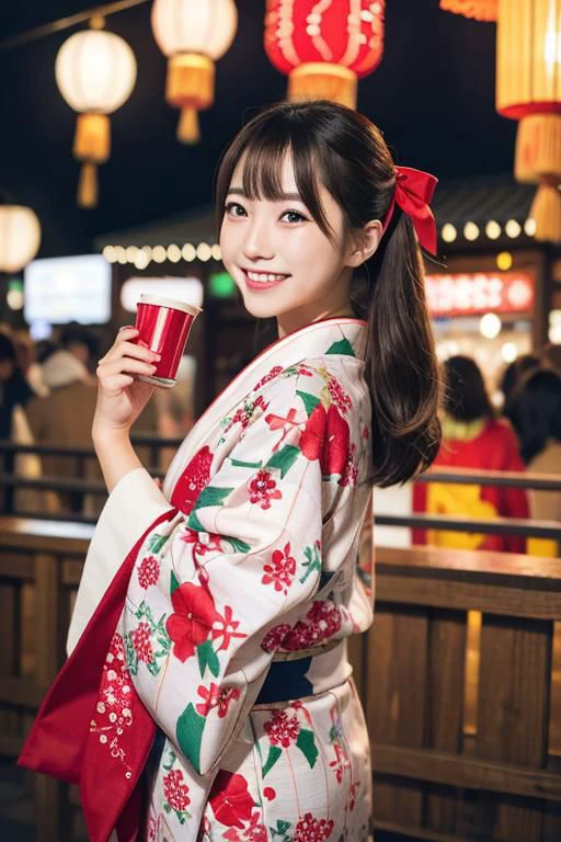 1girl,wearing christmas theme kimono,japanese clothes, chirstmas kimono, christmas theme print,looking viewer,close up,from_front:1.2,festival,yukata,traditional attire,hair ribbon,sandals,outdoors,cityscape,smiling,night,colourful firework background,lantern,colourful fireworks in sky:1.6,summer,japanese culture,[cinematic lighting:0.8],realistic:1.3,scenery,japanese festival,city view,happy,joy,festive mood. (masterpiece),(best quality:1.2),absurdres,