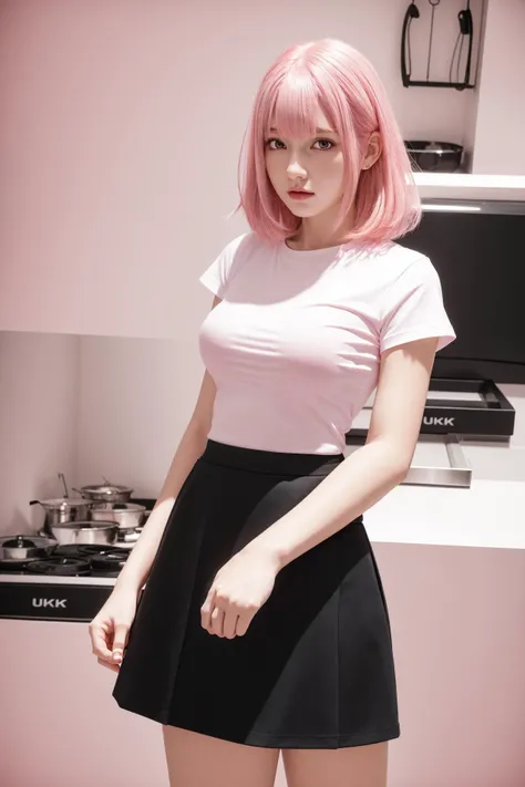 8k,best quality,ultra high res,beautiful,sfw, realistic,1 girl,young girl,perfect breasts,pink hair,long hair, short hair,kitchen room, white shirt,black skirt, standing, (ultra_hd, hd, hdr, 8k,best quality,high quality), <lora:add_detail:0.3>, hyperdetailed background,