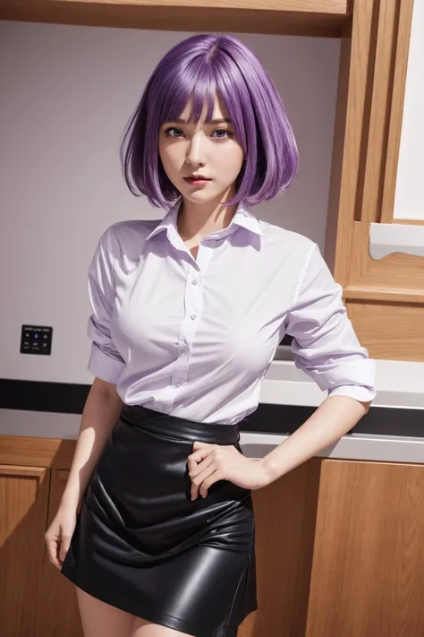 8k,best quality,ultra high res,beautiful,sfw, realistic,1 girl,young girl,perfect breasts,purple hair,long hair, short hair,kitchen room, white shirt,black skirt, standing, (ultra_hd, hd, hdr, 8k,best quality,high quality), <lora:add_detail:0.3>, hyperdetailed background,