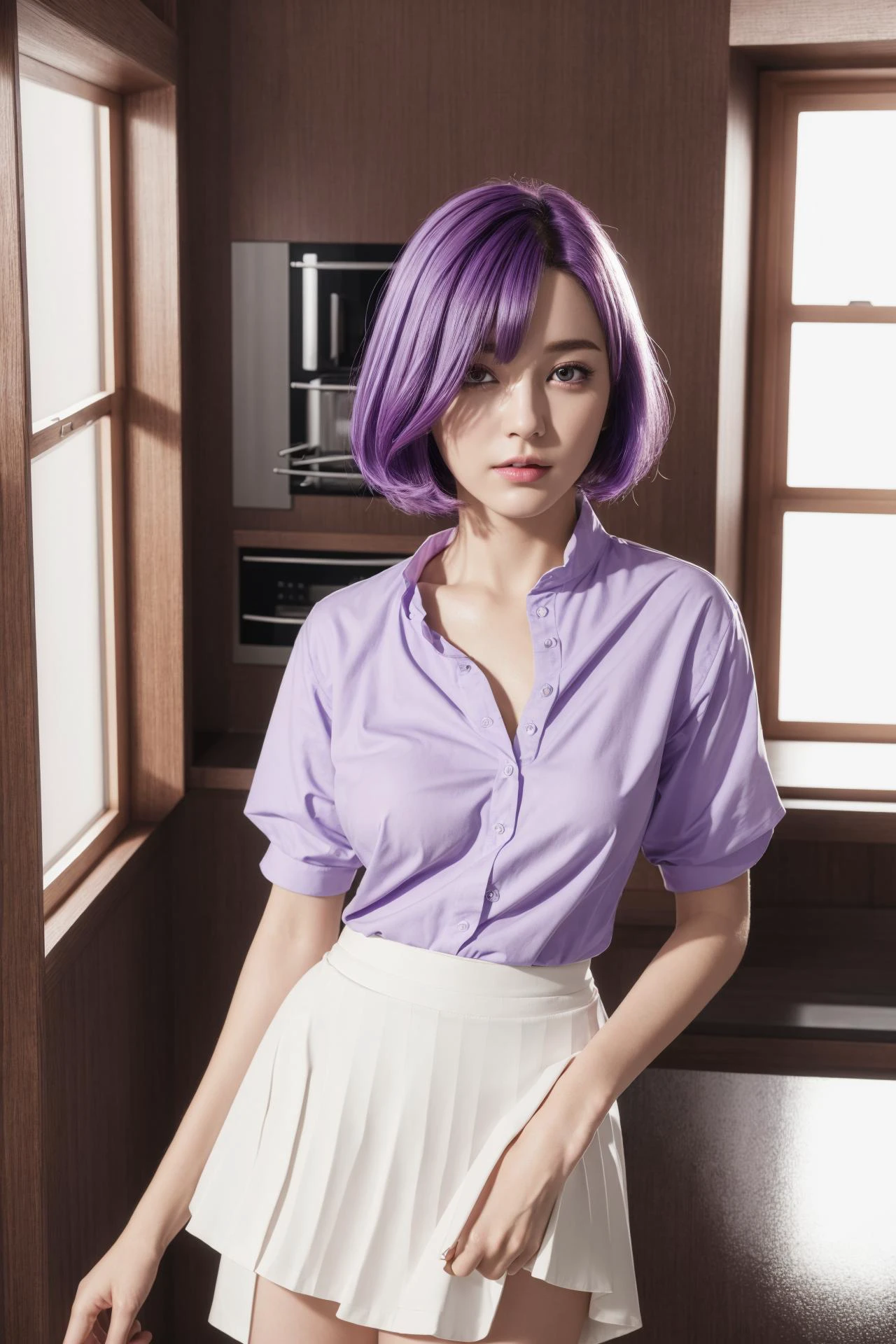8k,best quality,ultra high res,beautiful,sfw, realistic,1 girl,young girl,perfect breasts,purple hair,short hair, short hair,kitchen room, white shirt,black skirt, standing, (ultra_hd, hd, hdr, 8k,best quality,high quality), <lora:add_detail:0.3>, hyperdetailed background,
