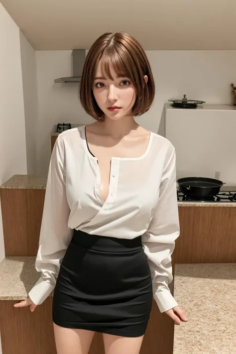 8k,best quality,ultra high res,beautiful,sfw, realistic,1 girl,young girl,perfect breasts,brown hair,short hair, short hair,kitchen room, white shirt,black skirt, standing, (ultra_hd, hd, hdr, 8k,best quality,high quality), <lora:add_detail:0.3>, hyperdetailed background,