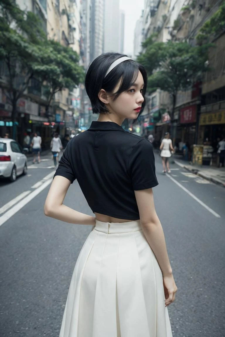 Best Quality,Masterpiece,Ultra High Resolution,(Realisticity:1.4),Original Photo,Cinematic Lighting,HongKong style,HongKong,1girl,solo,photo background,long skirt,skirt,jewelry,outdoors,white skirt,black hair,arms behind back,looking at viewer,short hair,bracelet,tree,hairband,shirt,standing,blurry,ground vehicle,