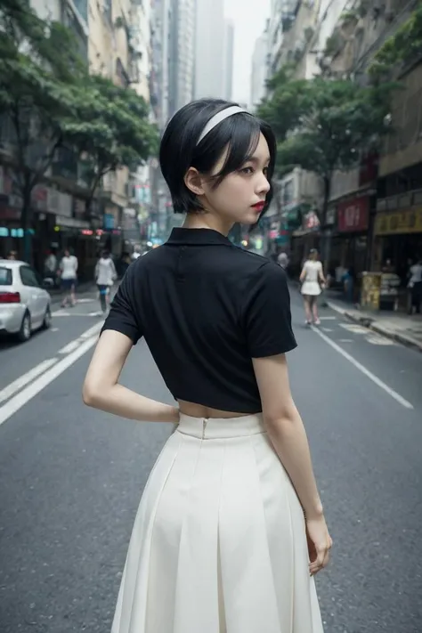 Best Quality,Masterpiece,Ultra High Resolution,(Realisticity:1.4),Original Photo,Cinematic Lighting,HongKong style,HongKong,1girl,solo,photo background,long skirt,skirt,jewelry,outdoors,white skirt,black hair,arms behind back,looking at viewer,short hair,bracelet,tree,hairband,shirt,standing,blurry,ground vehicle,