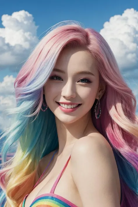 (masterpiece), best quality, high resolution, extremely detailed, detailed background, perfect lighting, (colorful, vivid color:1.4), 1girl, rainbow hair, cotton candy cloud, sky, smile