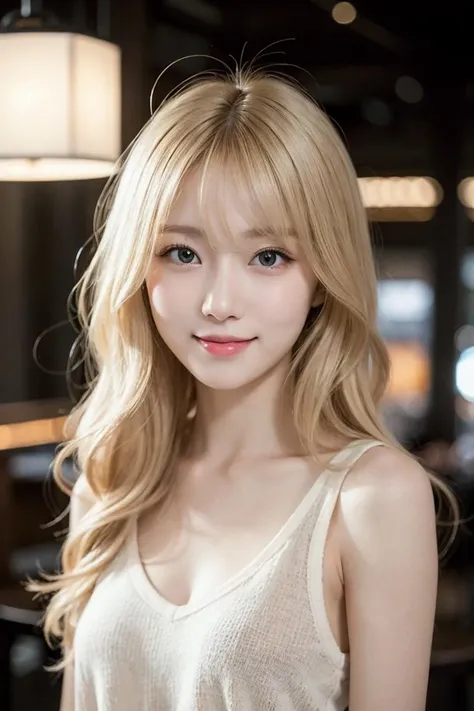 studio light,depth of field,upper body,slender,cute face,smile,beautiful details eyes,19yo japanese,pretty,Voluminous curls with warm blonde color,Plaza,casual,