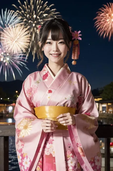 1girl,wearing pink kimono,japanese clothes,pink kimono,flowr print,looking viewer,close up,from_front:1.2,festival,yukata,traditional attire,hair ribbon,sandals,outdoors,cityscape,smiling,night,colourful firework background,lantern,colourful fireworks in sky:1.6,summer,japanese culture,[cinematic lighting:0.8],realistic:1.3,scenery,japanese festival,city view,happy,joy,festive mood. (masterpiece),(best quality:1.2),absurdres,