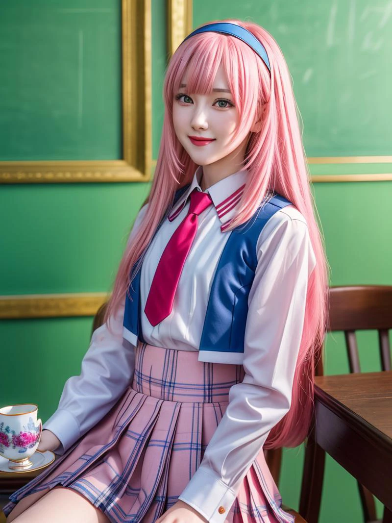 hyper realistic, (masterpiece:1.3), (absurdres:1.3), (best quality:1.3), (8K), ((perfect face)), detailed hands, detailed eyes, (vivid colors), (intricate details:1.3), vibrant colors, (ultra-detailed:1.3), ((dinamic lighting)), ((full body view))
(1girl), young woman, (()),
Luna_Elegant, perfect anatomy, solo, long_hair, bangs, skirt, shirt, long_sleeves, very_long_hair, closed_mouth, school_uniform, white_shirt, full_pink_hair, cowboy_shot, pleated_skirt, hairband, necktie, (blue_vest), red_skirt, red_necktie, looking_at_viewer,
dynamic posing, sitting on chair, holding cup of tea, light smile, indoors, table, cup of tea, saucer, POV across table, <lora:1171b0c5-464d-4878-a1dc-40567c66590c:0.7>, <lora:more_details:0.7>, <lora:aaa9d564-5a64-4a4c-8d7b-fb4a9f5f8525:0.7>