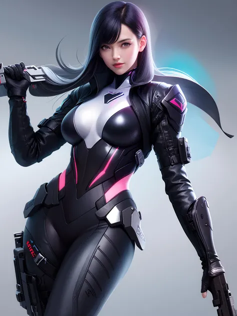 (masterpiece, best quality, ultra detailed,highres),
1girl, solo, weapon, gun, long hair, bodysuit, white background, black hair, breasts, full body, handgun, simple background, looking at viewer, jacket, multicolored hair, covered navel