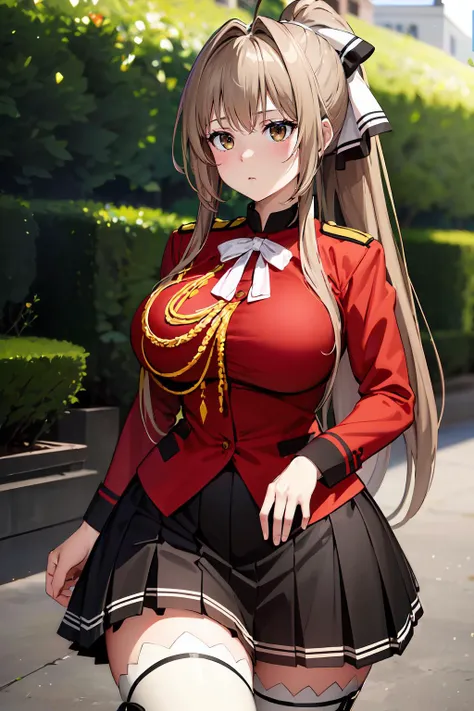 masterpiece, best quality, highres, 1girl,, curvy, wide hips, large breasts, aaisuzu, ponytail, brown eyes, uniform, red shirt, aiguillette, long sleeves, black skirt, pleated skirt, white thighhighs, outdoors,blank stare, expressionless,