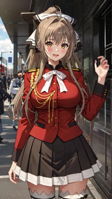 lumen reflections, natural lighting, evocative, triadic color scheme, cowboy shot, elegant, voluptuous:0.6, looking at viewer, 1girl, female, solo, blush, open mouth, smile, teeth, sfw, <lora:Isuzu Sento:1>, aaisuzu, ponytail, brown eyes, uniform, red shirt, aiguillette, black skirt, white thighhighs